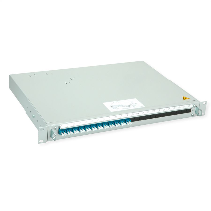TELEGÄRTNER PROFI V LWL-Panel mit Kupplungen & Pigtails, 12x LC Duplex, blau, OS2 PC, Grade B