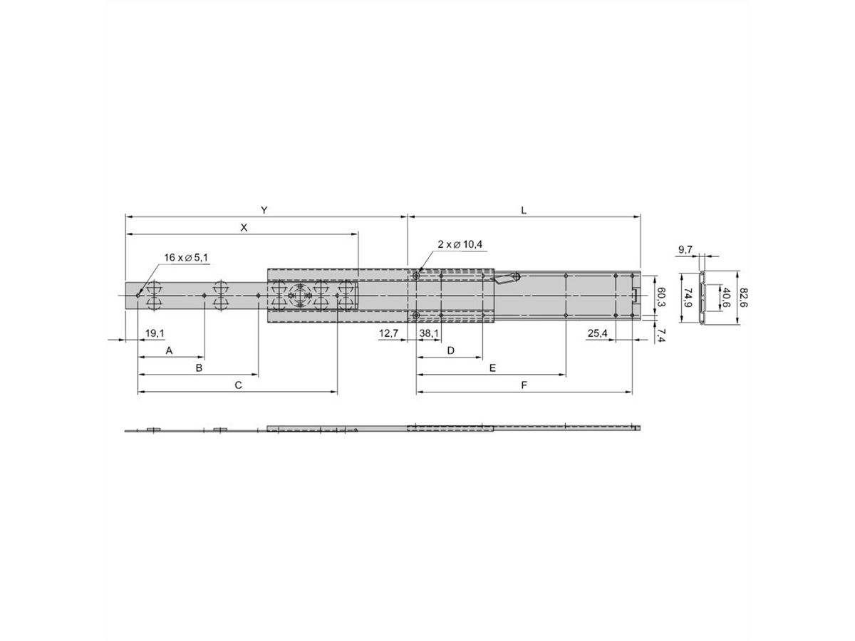 SCHROFF telescopische geleider Universeel, Slank, 2 HE, 559L