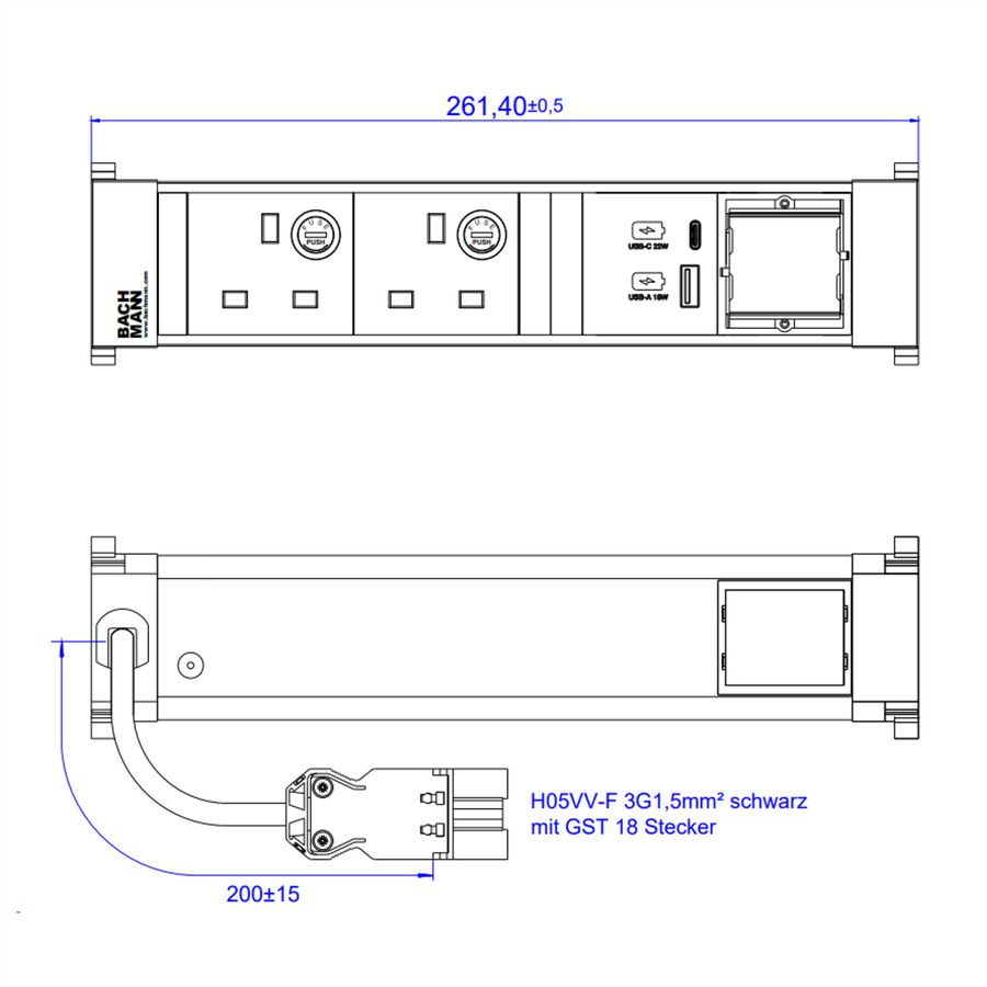 BACHMANN POWER FRAME M 2xUK USB A&C 22W, 1xCM 0.2m GST18 United Kingdom