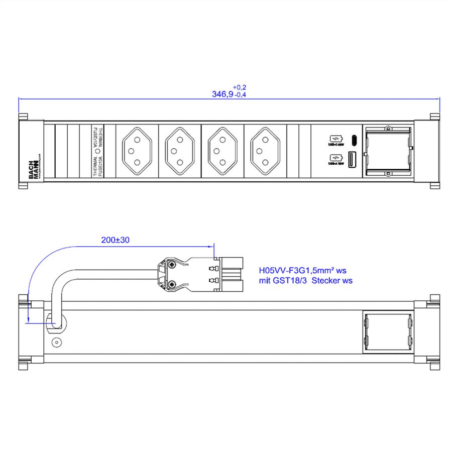 BACHMANN POWER FRAME 4xCH 0° 1xCM 1xUSB A/C 22W 0.2m GST18