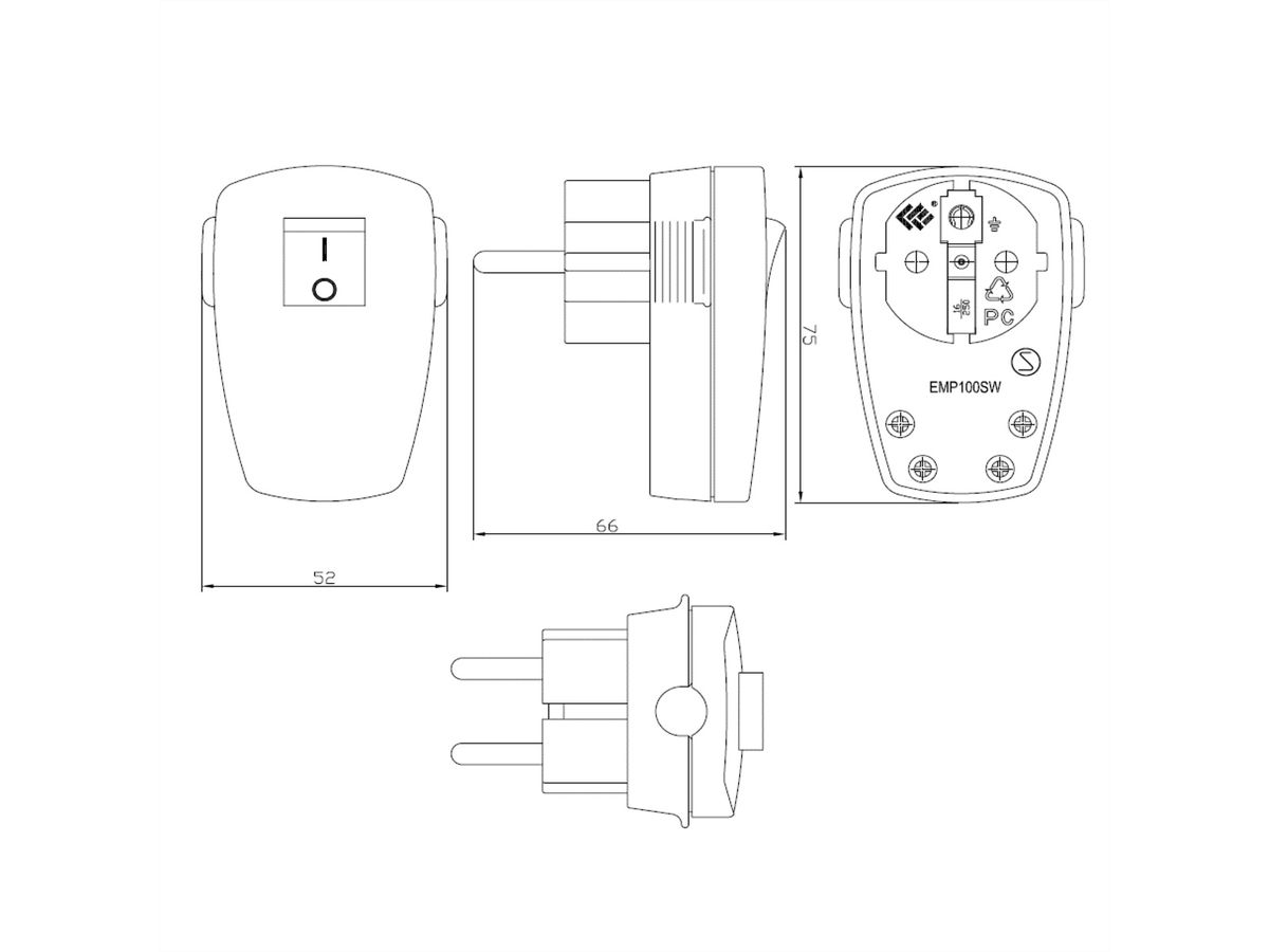 BACHMANN earthing contact plug, black flat Rocker switch 2-p