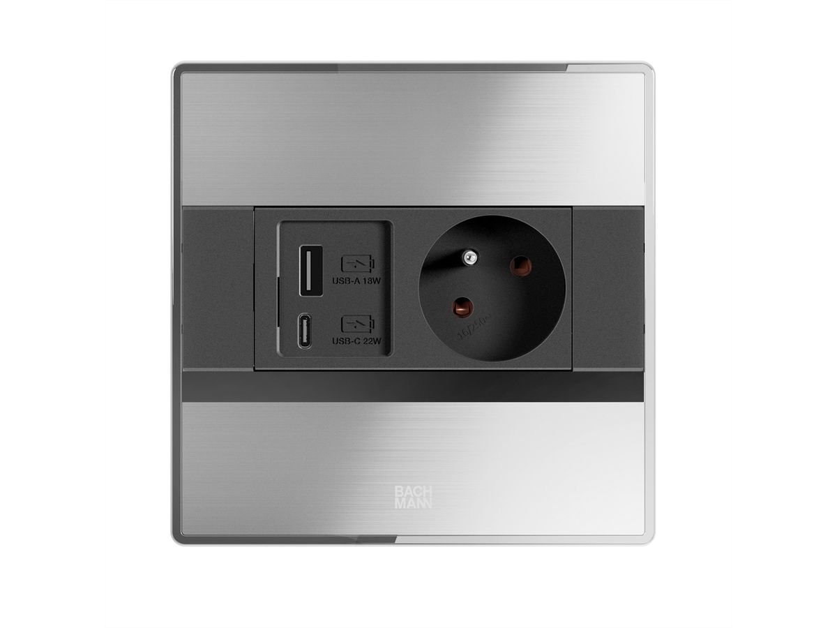 BACHMANN SENSE stainless steel look 1x UTE, 1x USB A/C L=2.0m AEH