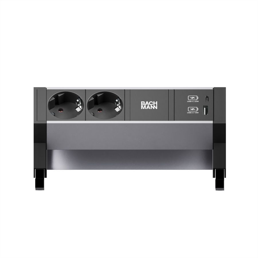 BACHMANN DESK2 ALU ZWART 2x Geaard stopcontact, USB, USB oplader 22W A&C 0,2m GST18