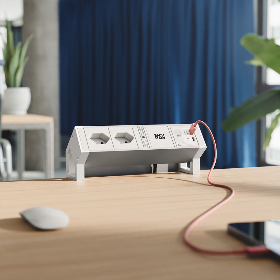 BACHMANN DESK2 ALU WHITE 2xCH 90°, 1xUSB C/C 45W L=0.2m RAL9010