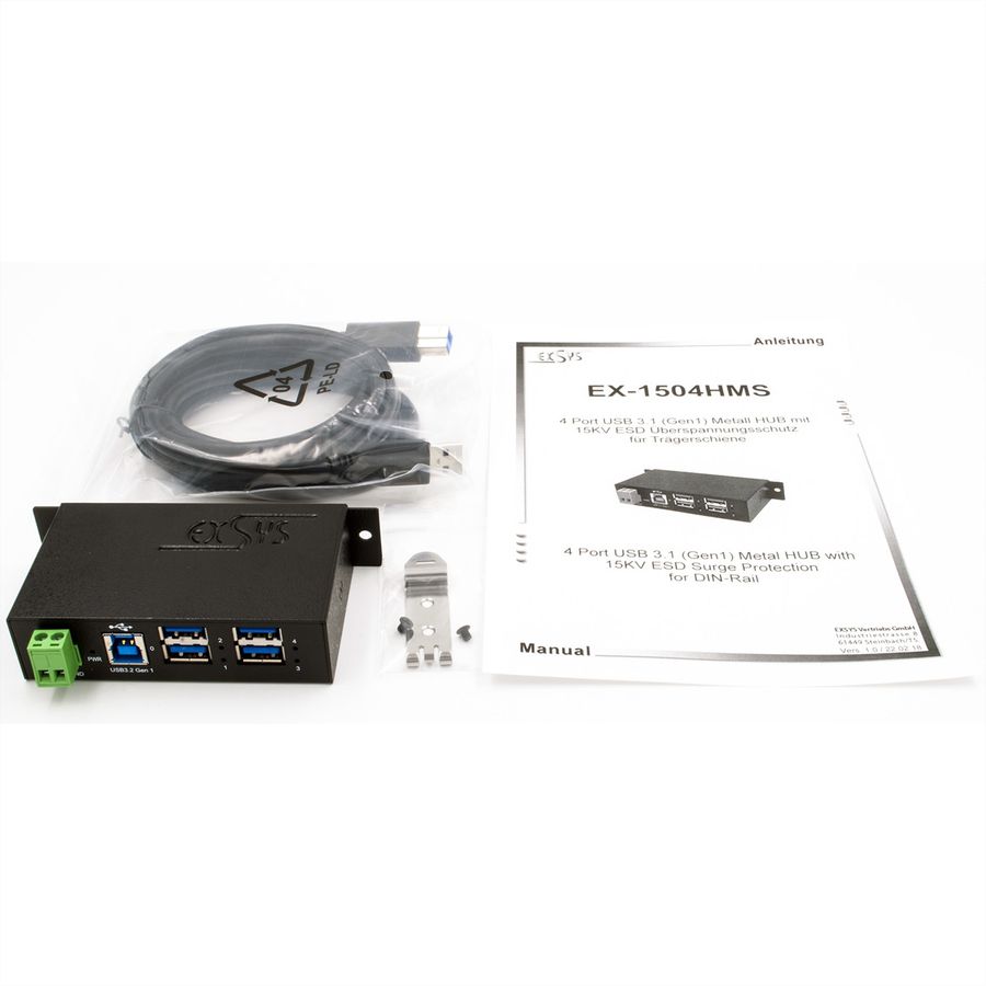EXSYS EX-1504HMS 4 Port USB 3.2 Gen1 Managed Metall HUB mit 15KV EDS Überspannungsschutz