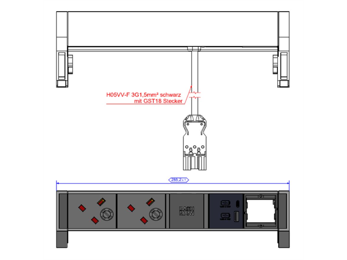 BACHMANN DESK2 2xUK 1xUSB A/C 22W 1xCM, 0.2m GST18 RAL9010 United Kingdom