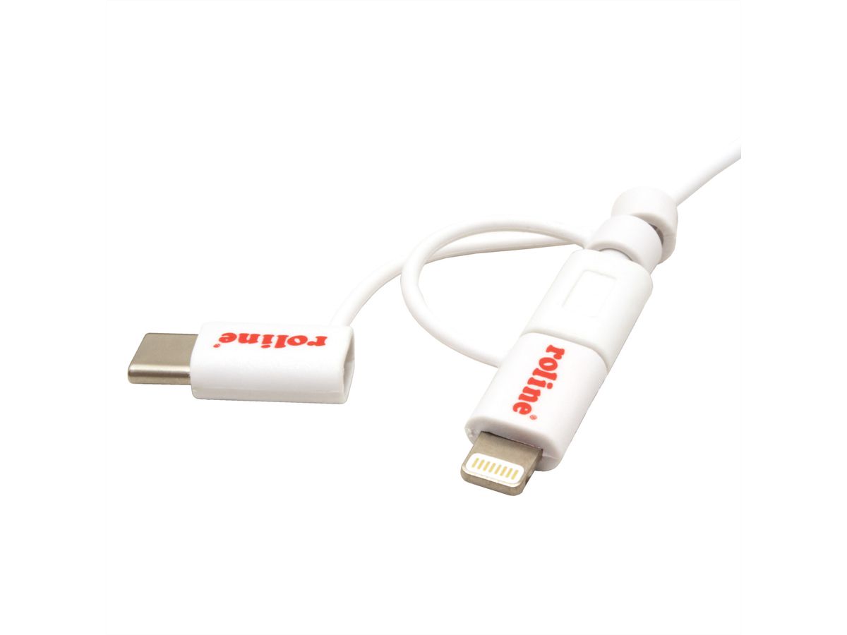 ROLINE 8pin + MicroB + Type C to USB Charge & Sync Cable, white, 1 m