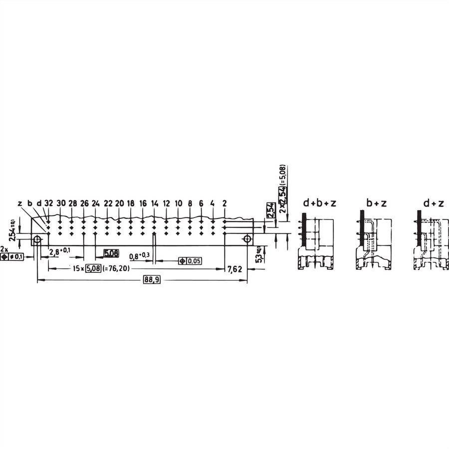 SCHROFF Stekker Type F, EN 60603, DIN 41612, Mannelijk, 32 Contacten z b, Soldeerpennen, 2,9 mm