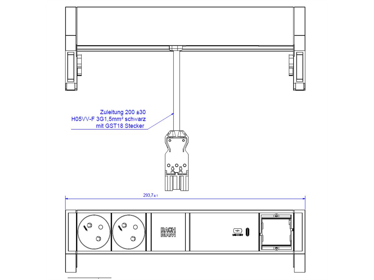 BACHMANN DESK2 2xUTE 1xUSB C 60W 1xCM 0.2m GST18 INOX