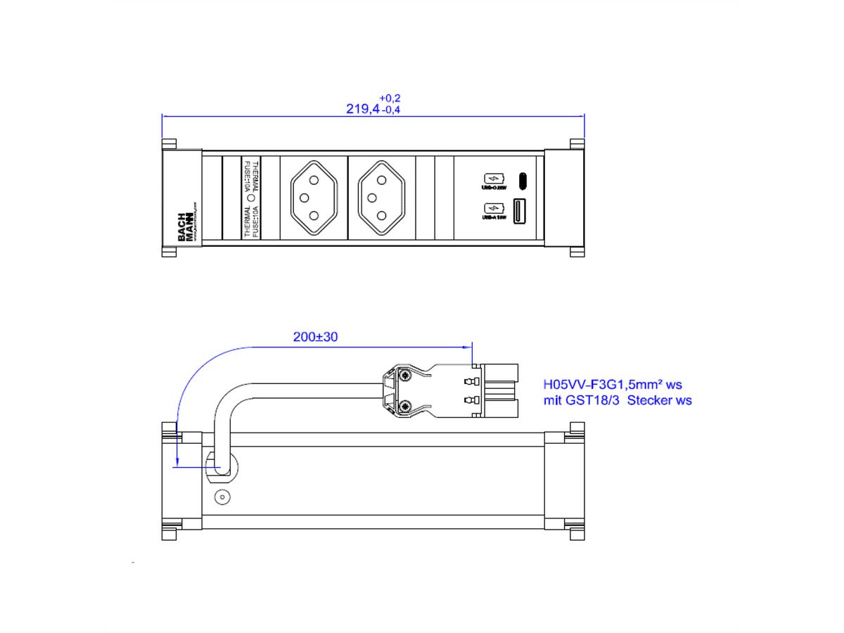 BACHMANN POWER FRAME 2xCH 0° 1xUSB A/C 22W 0.2m GST18