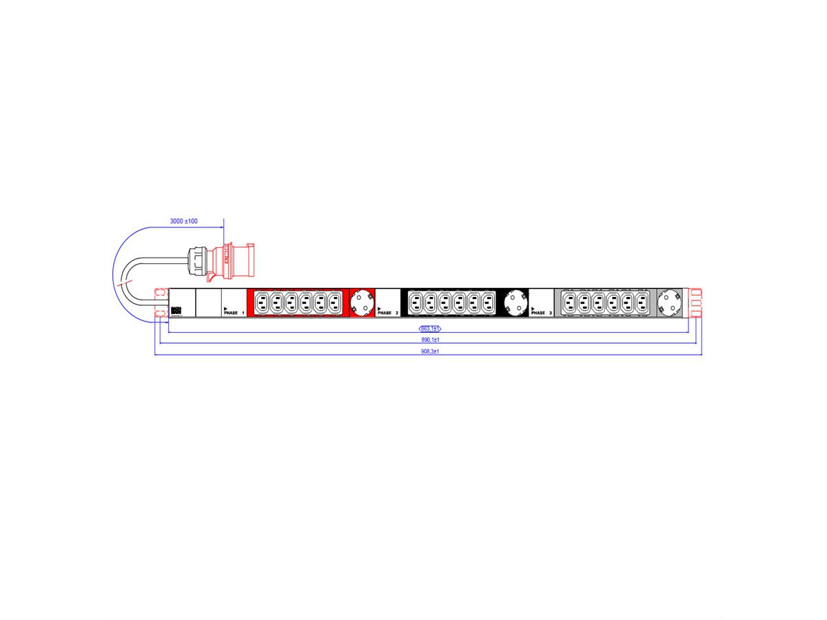 BACHMANN IT PDU ALU 1HE 18x C13 3x geaard contact CEE 3x 16A rood