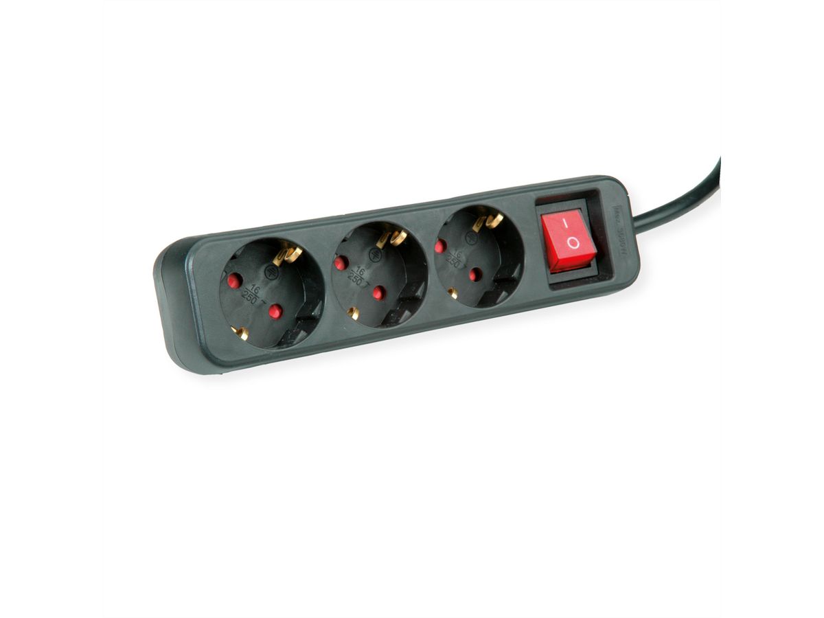 ROLINE Power Strip, 3-way, with Switch, black, 10 m