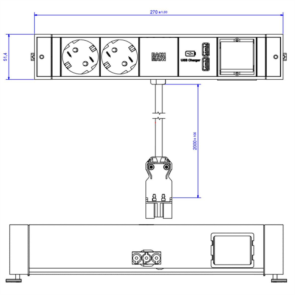 BACHMANN DESK RAIL 2x earthing contact 1x USB Charger 1x ABD