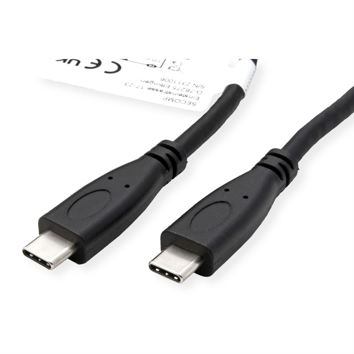 ROLINE USB 3.2 Gen 2 kabel, met PD, C-C, M/M, 4K UHD-1, 10Gbit/s, Emark, 100W, zwart, 0,5 m