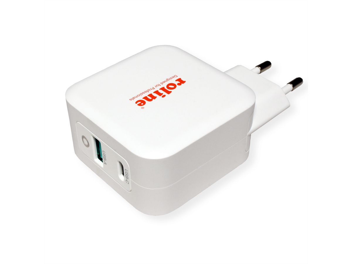 ROLINE USB Wall Charger Euro Plug, 2 Ports, 1x QC3.0 + 1x C (PD), 65W