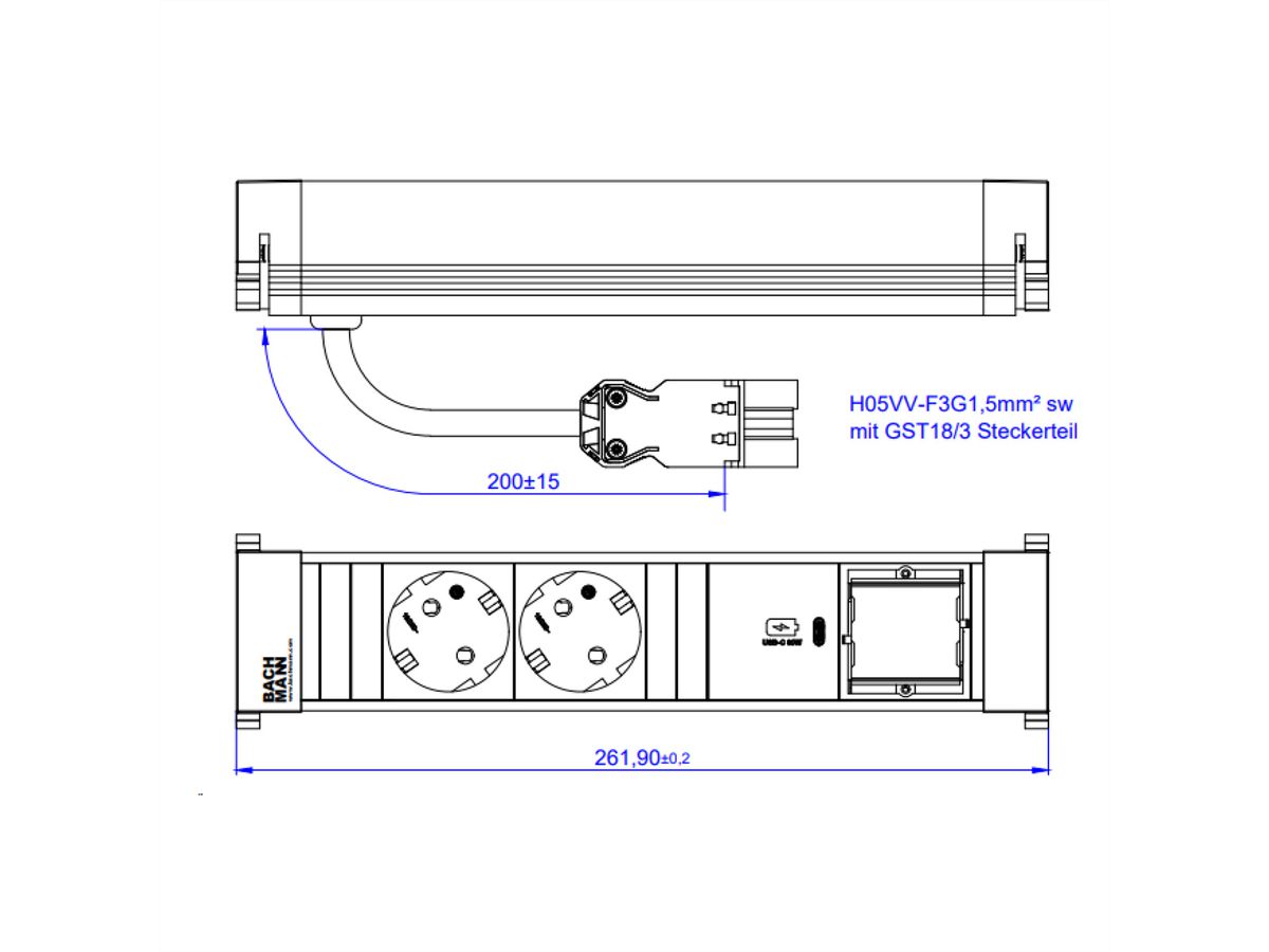 BACHMANN POWER FRAME M 2xCEE7/3, 1xUSB C 30W 1xCM 0.2m GST18