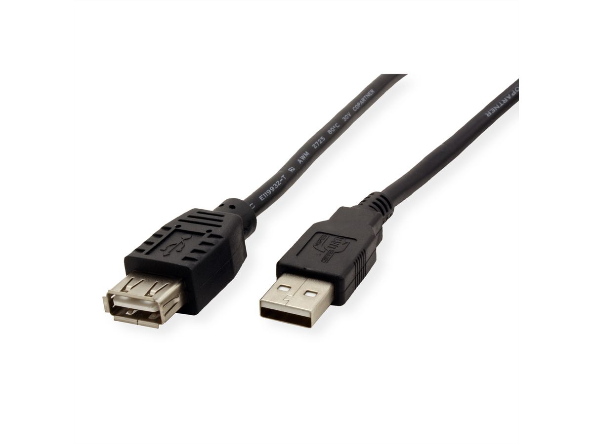 ROLINE USB 2.0 Cable, A - A, M/F, black, 0.8 m