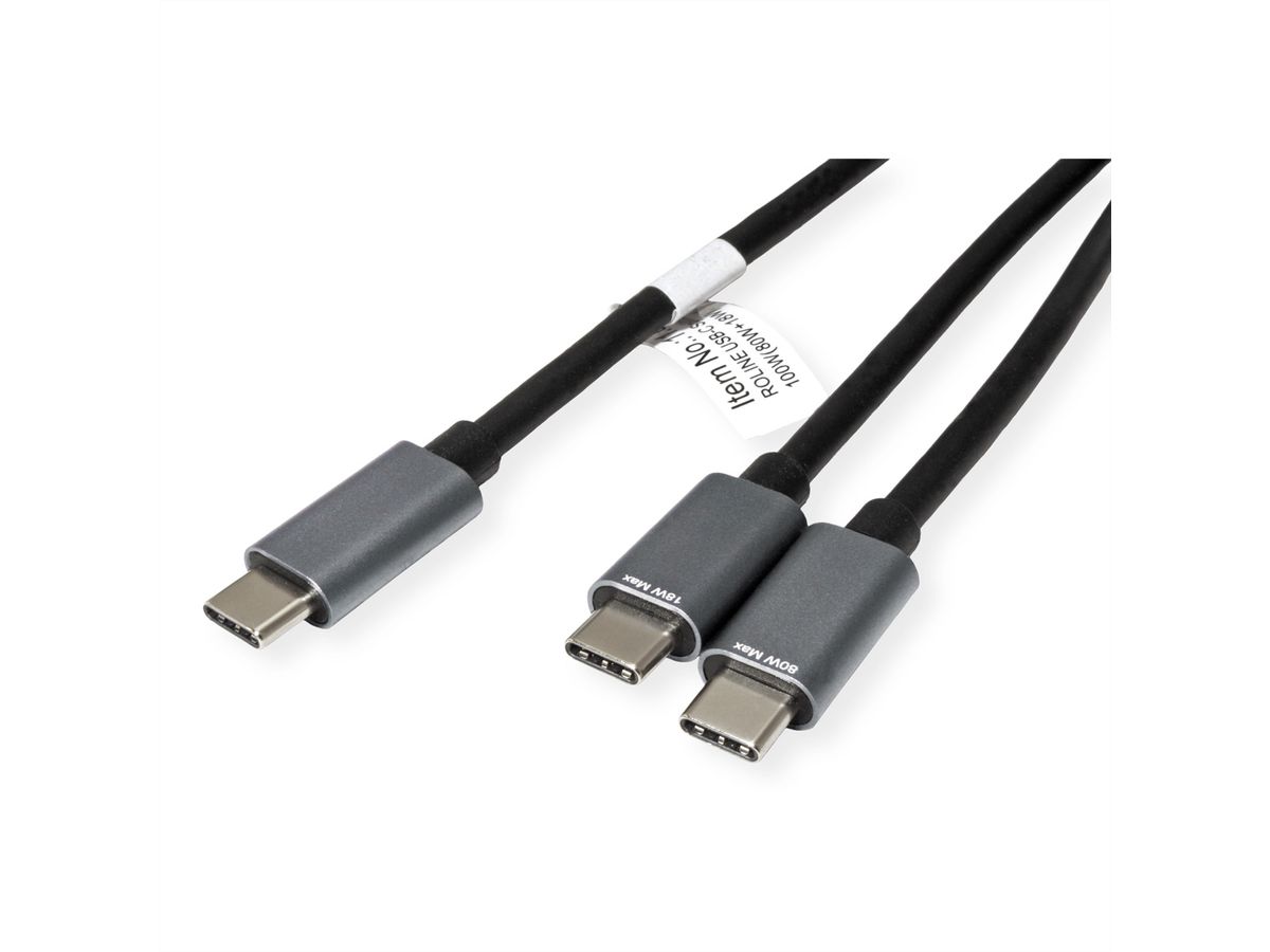 ROLINE USB type C split oplaadkabel, C - 2x C, M/M, max. 100W, zwart, 1,85 m