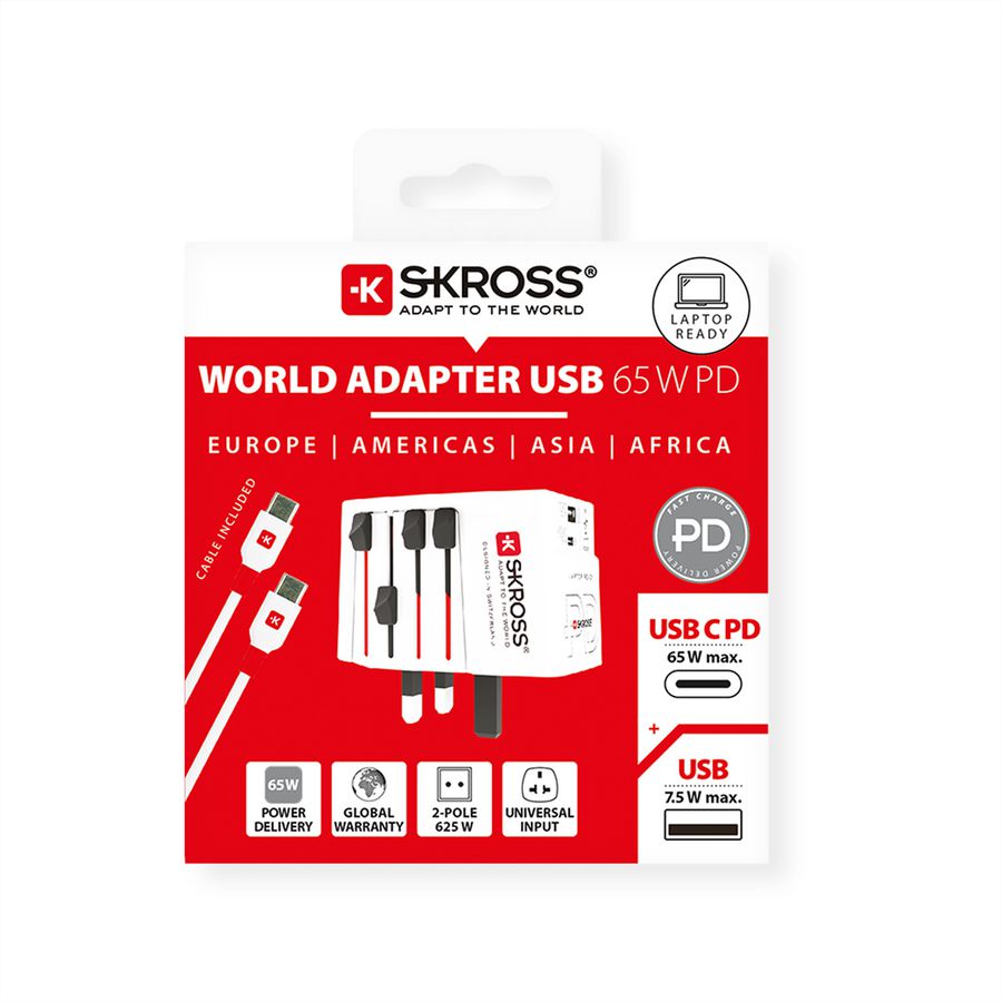 Skross MUV USB AC65PD World Travel Adapter with USB C Cable, worldwide