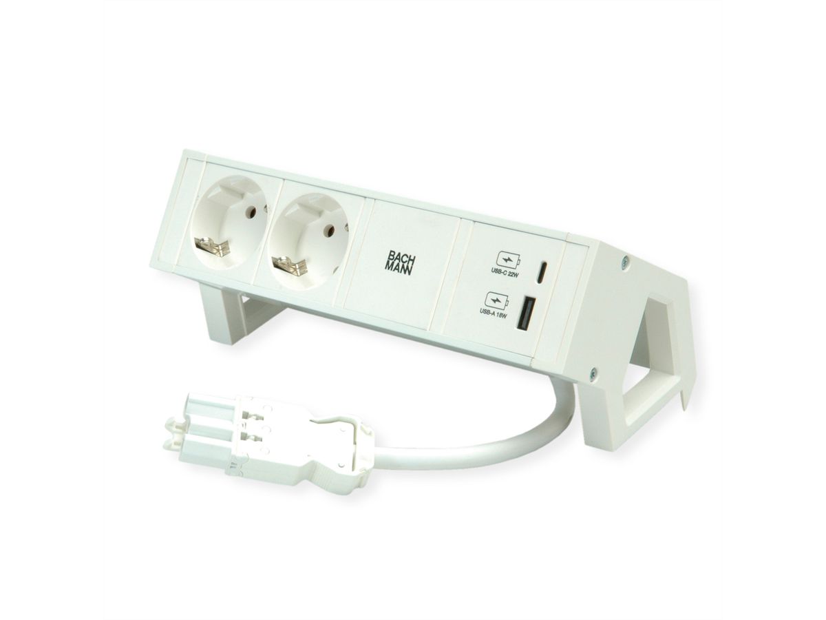 BACHMANN DESK2 ALU WHITE 2x earthing contact, USB Charger 22W A&C, 0.2m GST18