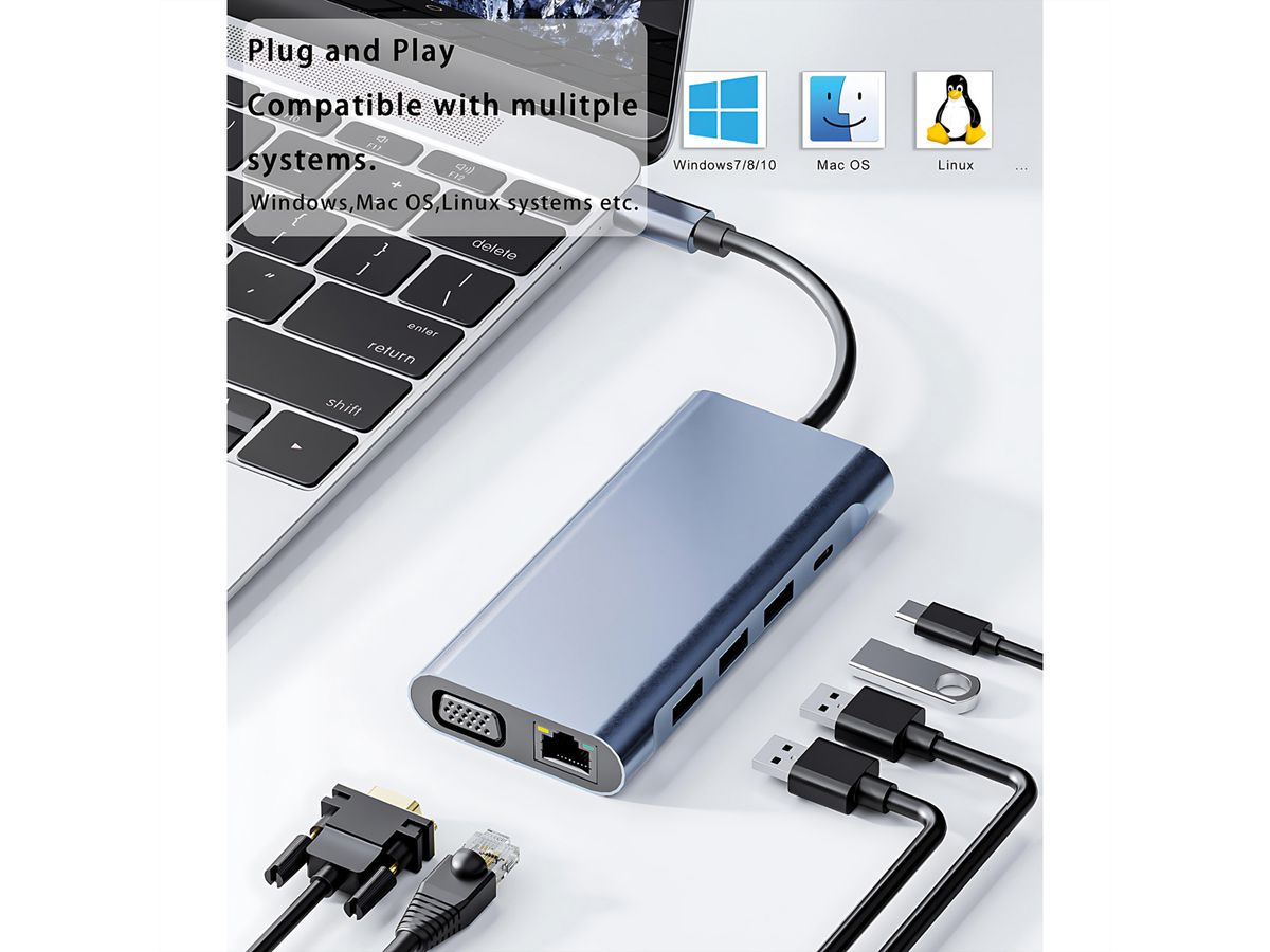 VALUE Dockingstation Type C, 1x HDMI 4K30, 1x VGA 1080p, 1x Gigabit Ethernet, 3x USB 3.2 Gen1 (A), 1x USB 2.0 (C), 1x SD/TF, 1x Audio, 1x Type C PD (Power Delivery)