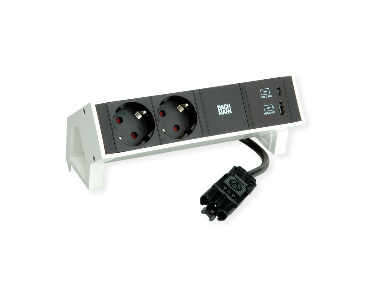 BACHMANN DESK2 2xbeschermend contact USB A&C, USB-lader 22W 0,2m GST18 wit