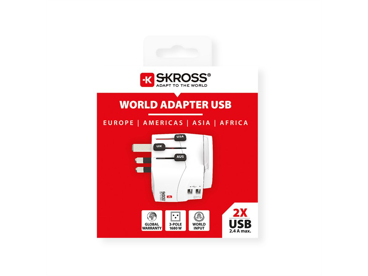 Skross PRO Light USB 2A - World with USB C cable, worldwide
