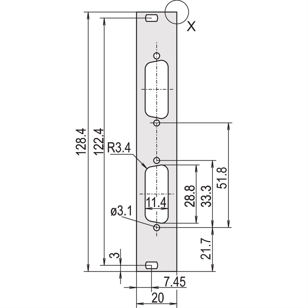 SCHROFF U-profile Front Panel, Shieldable, D-Sub Cutout, 3 U, 4 HP, 2 x 15 Pin, 2.5 mm, Al, Front Anodized, Rear Conductive