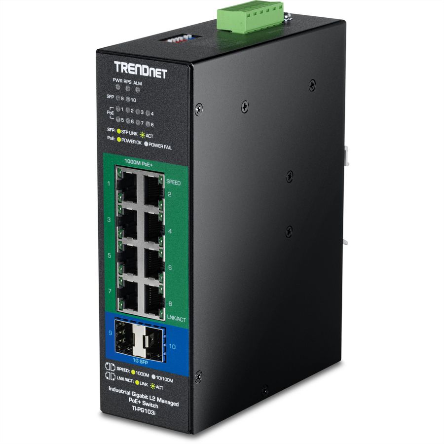 TRENDnet TI-PG103i 10-Port Industrial Gigabit L2 Managed PoE+ DIN-Rail Switch 24 – 57V