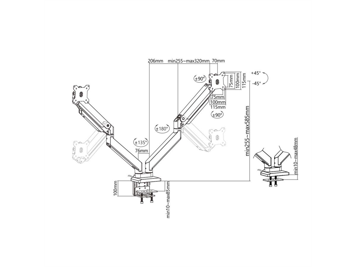 ROLINE Dual LCD Monitor Stand Pneumatic, Desk Clamp, Pivot, 5 Joints, , max. 15 kg, up to 35"