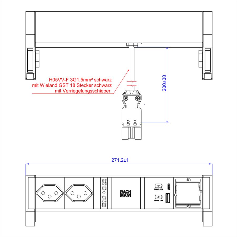 BACHMANN DESK2 2xCH 1xUSB A/C 22W 1xCM, 0.2m GST18 INOX Switzerland