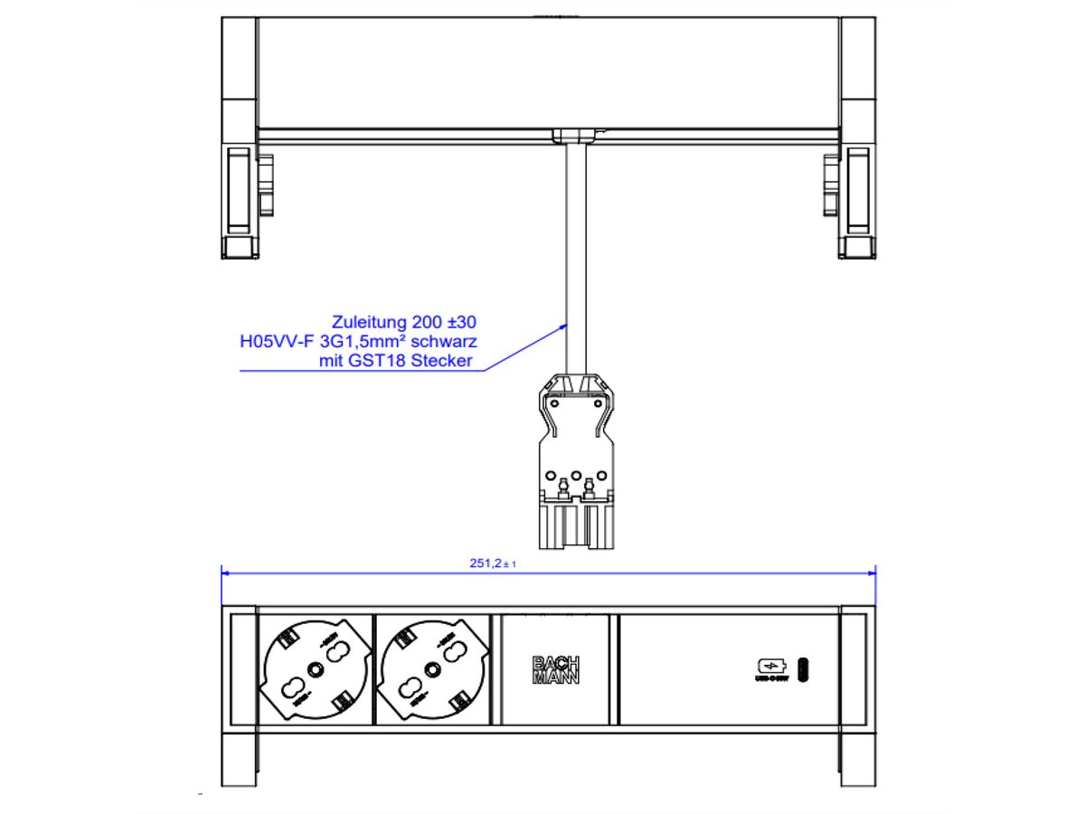 BACHMANN DESK2 ALU BLACK 2xP40, 1xUSBC 60W 0,2m GST18 Italia