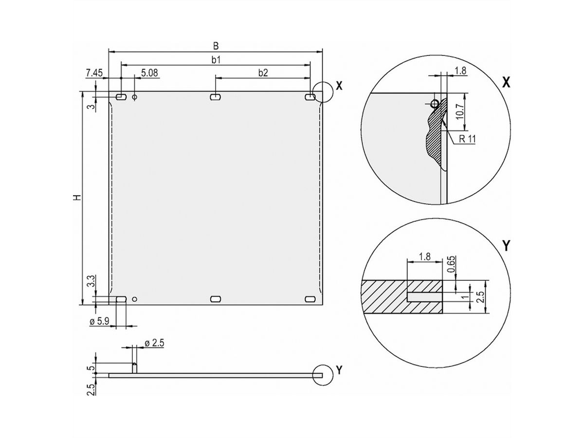 SCHROFF Front Panel, Refrofit Shielding, 3 U, 12 HP, 2.5 mm, Al, Anodized, Untreated Edges