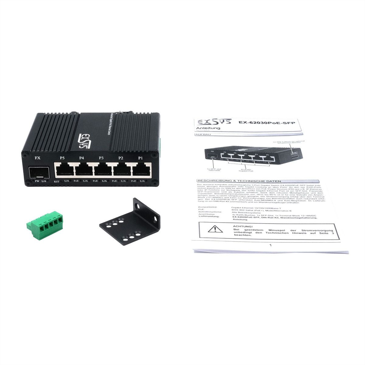 EXSYS EX-62030MPoE-SFP-5+1-poorts industriële Gigabit SFP PoE+ mini-switch