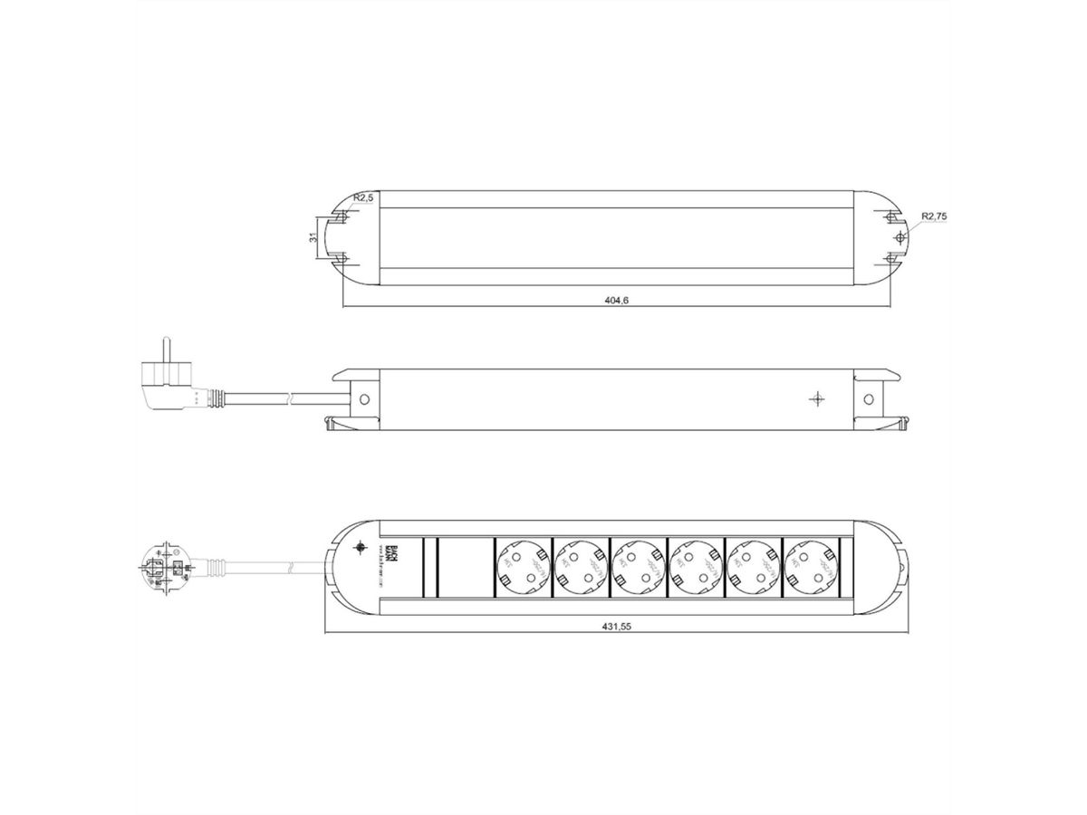 BACHMANN PRIMO socket strip 6x earthing contact, aluminium, 1.75 m