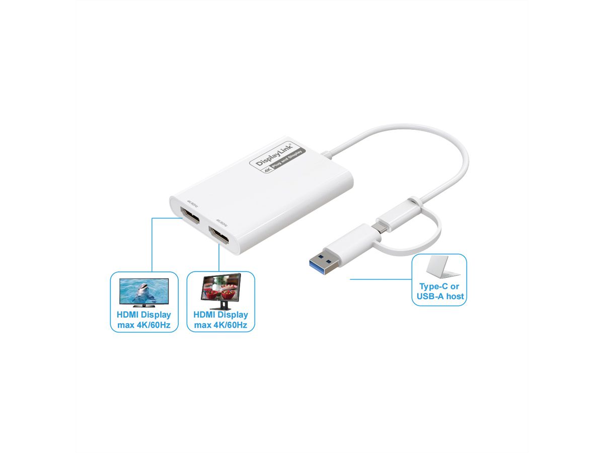 ROLINE Multi-DisplayLink Adapter USB Type A+C - 2x HDMI, Multi-Stream 4K