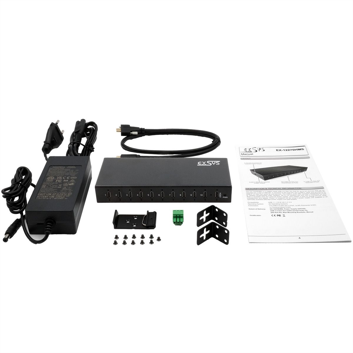 EXSYS EX-12270HMS 10-Port USB 3.2 Gen 2x1 Metal HUB, 15KV ESD Protection for Wall and DIN-Rail Mounting