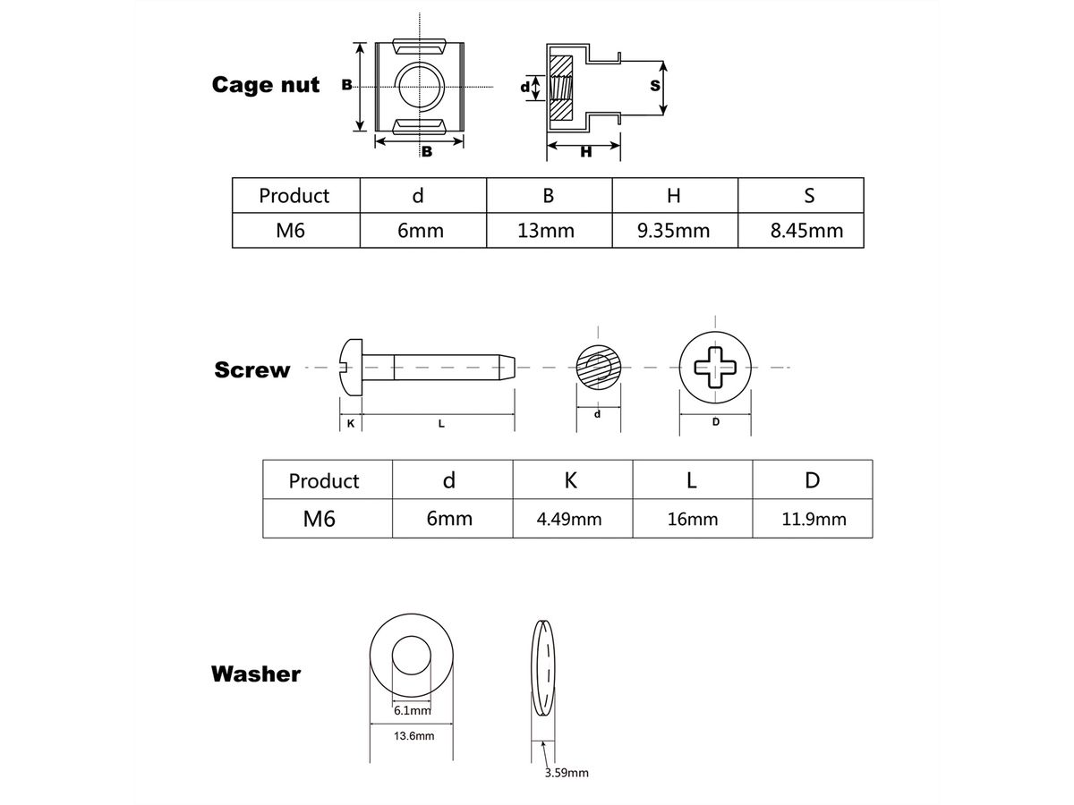 ROLINE Montagemateriaal voor 19 "componenten, M6, 100x, zwart