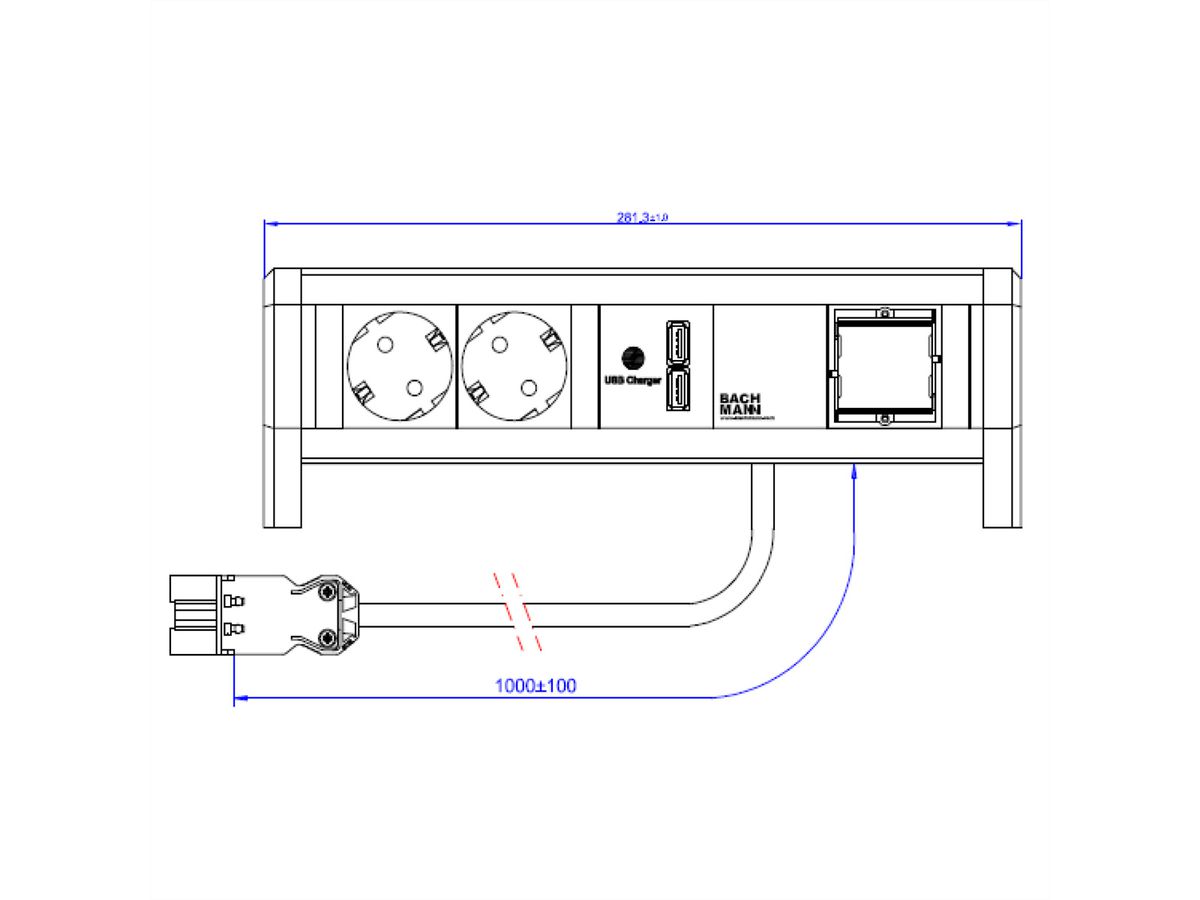 BACHMANN DESK 2xCEE7/3 1xUSB Charger, 1 m
