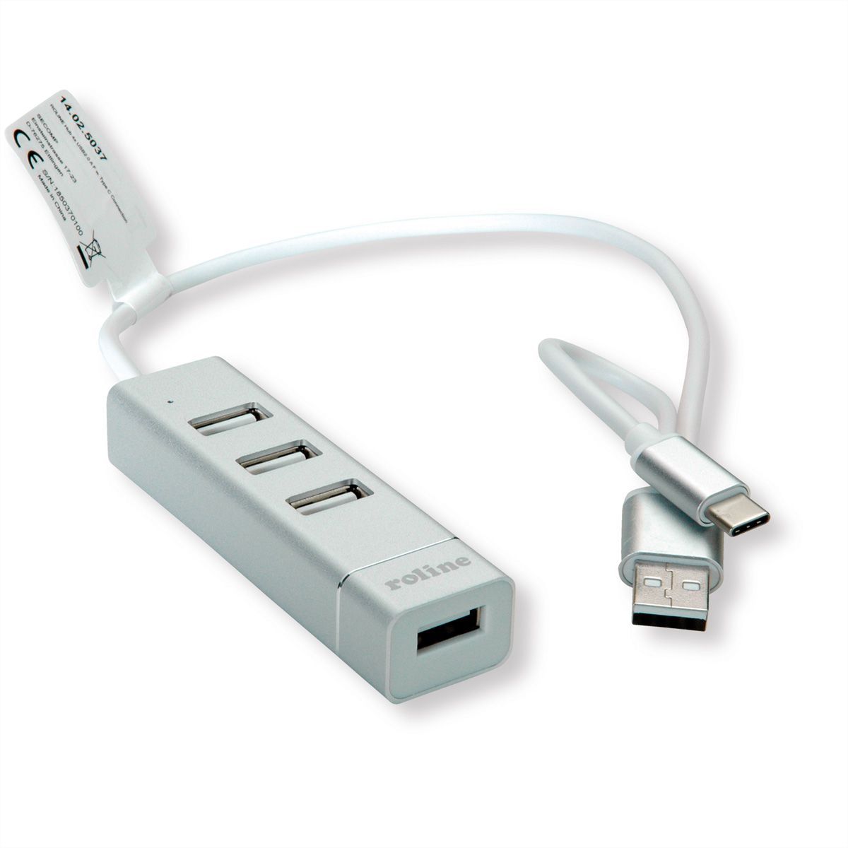 ROLINE USB 2.0 notebook hub, 4 poorten, type A+C aansluitkabel