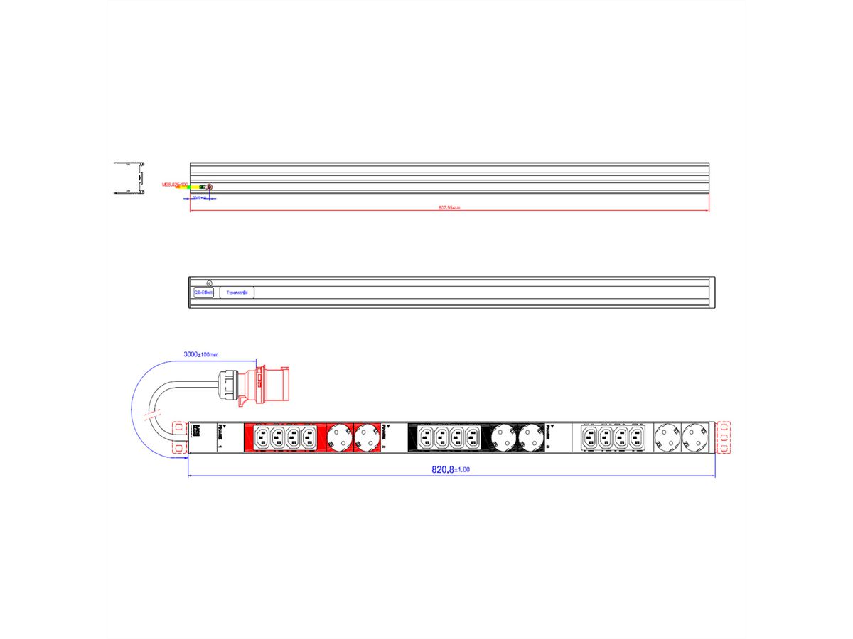 BACHMANN IT PDU ALU 0HE 12x C13 6x geaard contact 3x 16A CEE rood