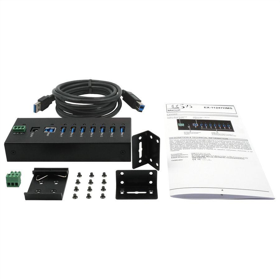 EXSYS EX-11247HMS 7 Port USB 3.2 Gen 1 HUB Din-Rail Kit und Wand VIA VL813 Chipset