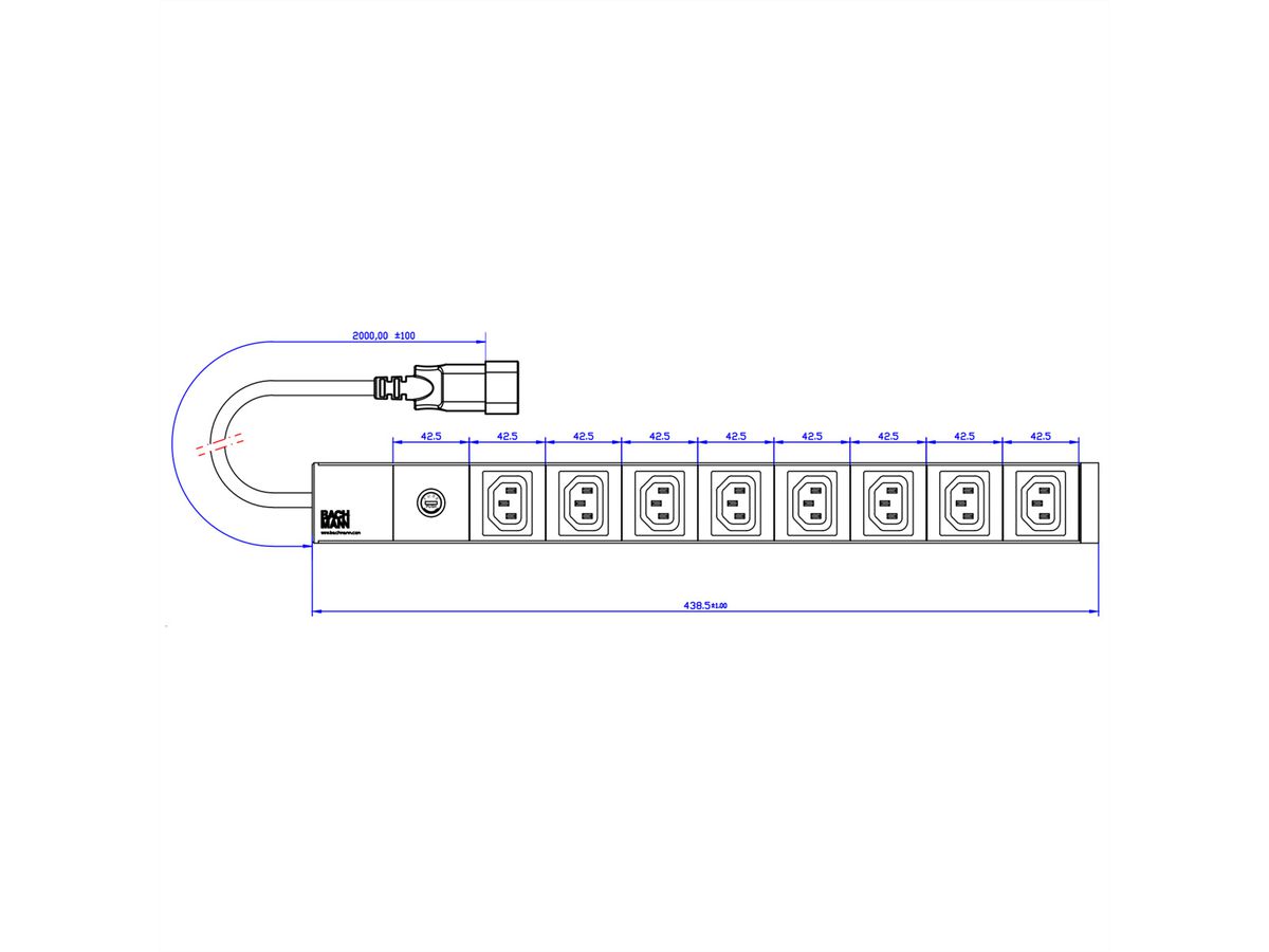 BACHMANN 19" socket strip, 8x C13 socket, 1xC14 plug