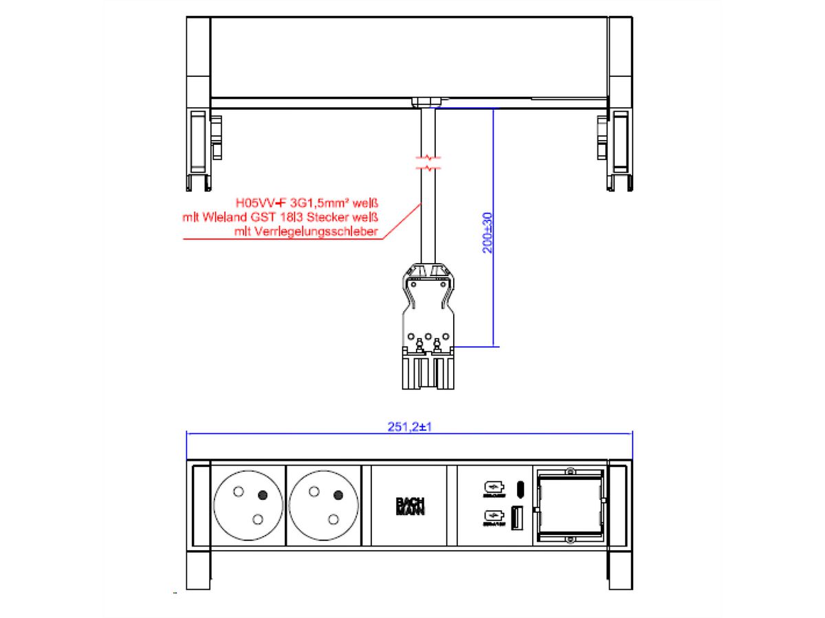BACHMANN DESK2 wit 2xUTE 1xCM 1xUSB A/C 22W 0,2m GST18