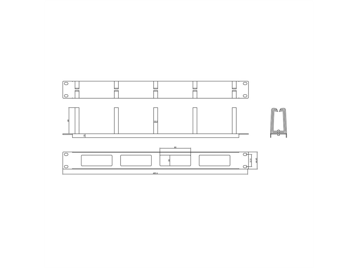 VALUE 19" 1U Cable Management Plate, C-Type, 5 Hooks, Cut-out front panel / cable feed-through, black