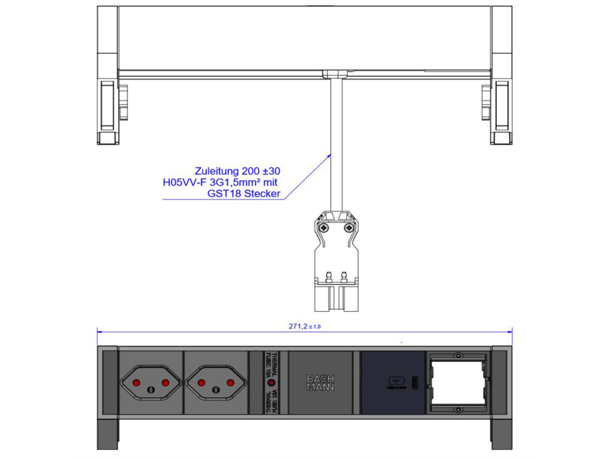 BACHMANN DESK2 2xCH 1xUSB C 30W 1xCM, 0.2m GST18 RAL9005 Switzerland