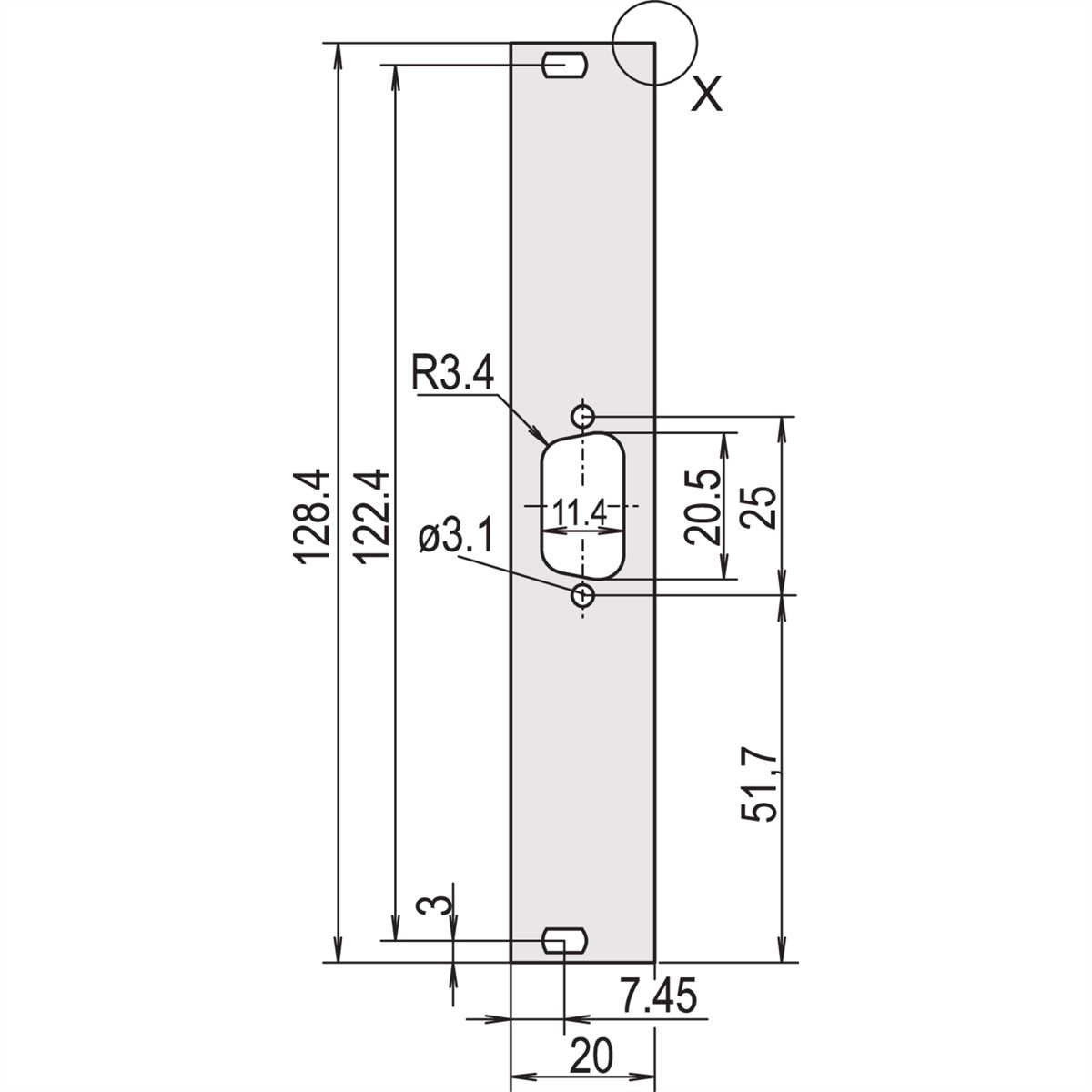 SCHROFF Voorpaneel, plat, niet afgeschermd, D-Sub uitsparing, 3 HE, 4 HE, 1 x 9 pin, 2,5 mm, Al, geanodiseerd vooraan, geleidend achteraan