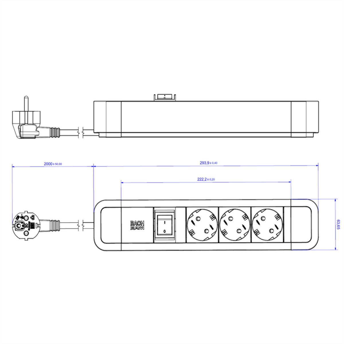 BACHMANN PRIMO2 socket strip 3x earthing contact, aluminium, switch, black, 2 m