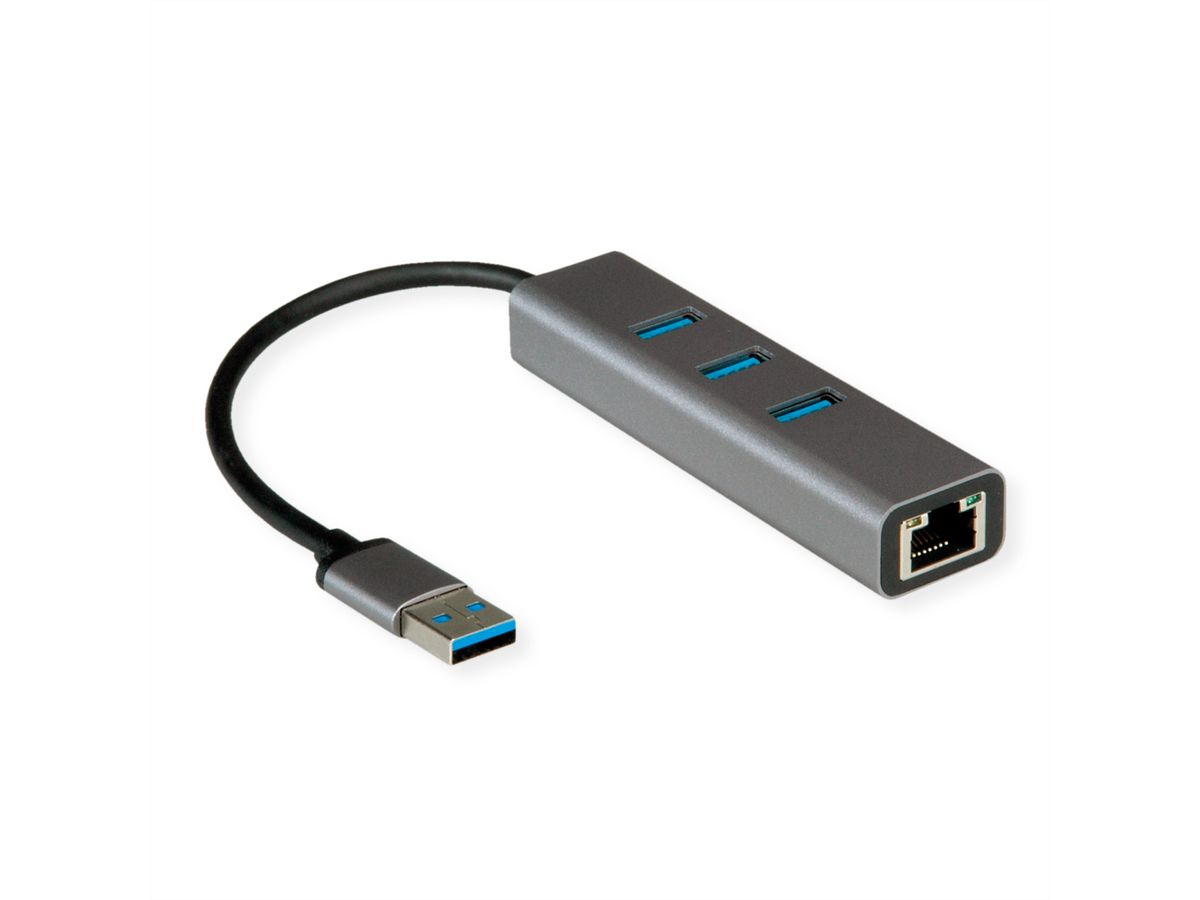 ROLINE USB 3.2 Gen 1 naar Gigabit Ethernet Converter + Hub 3x