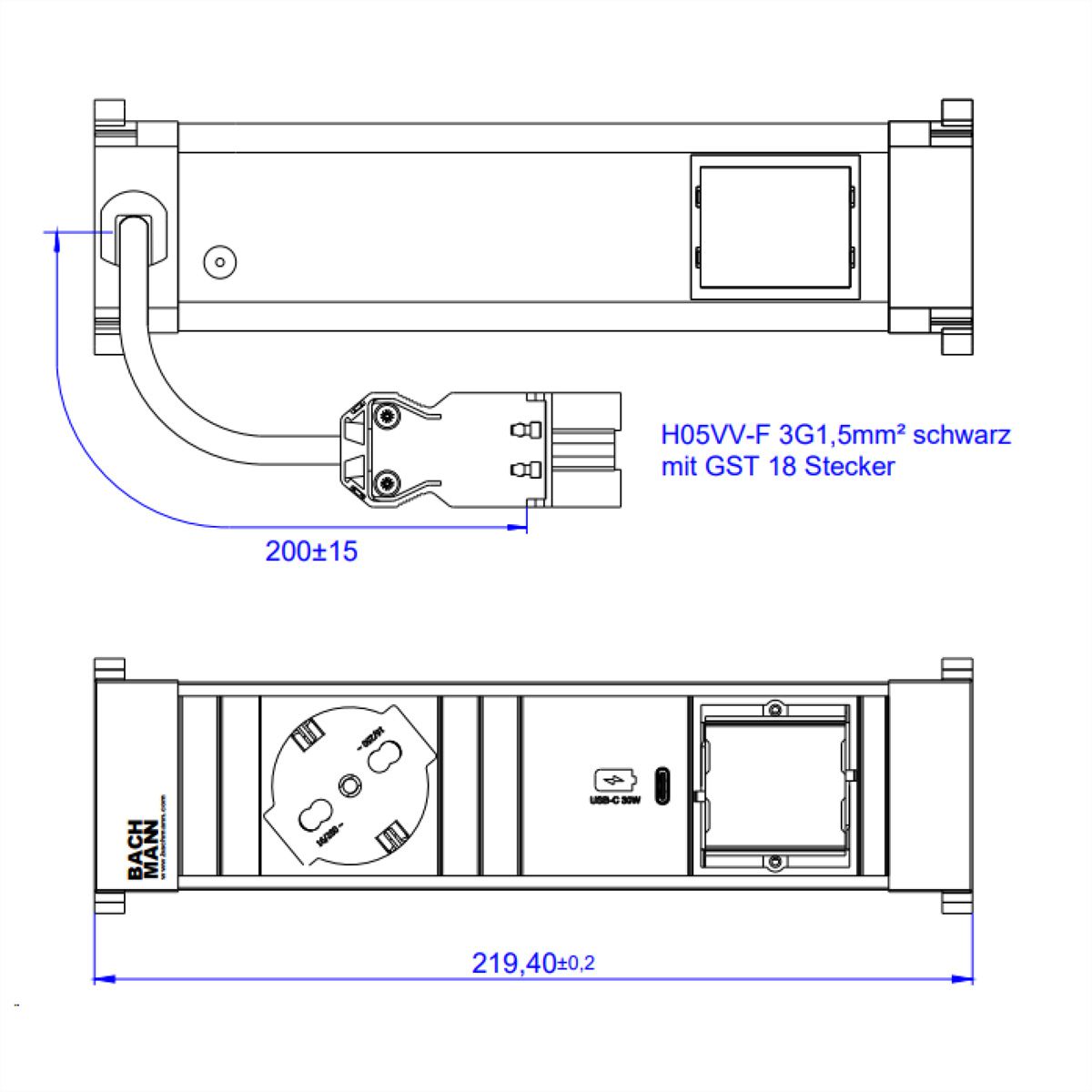 BACHMANN POWER FRAME S 1xP40 1xUSB C 30W, 1xCM 0.2m GST18 Italia